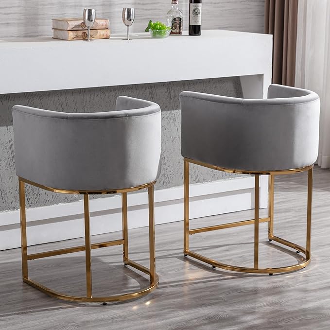 Contemporary Grey Velvet Bar Stools Set of 2, 24" Upholstered Fabric Counter Height Barstools Kitchen Counter Island Stools with Golden Metal Base