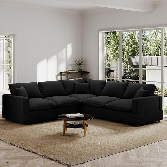 Modern Sectional Linen Couch for Living Room V-Shape Sofas,5 Seat Modular Cloud Sofas,Couches Cushion Covers Removable,Cozy Feather Down Sofa for Apartment Black