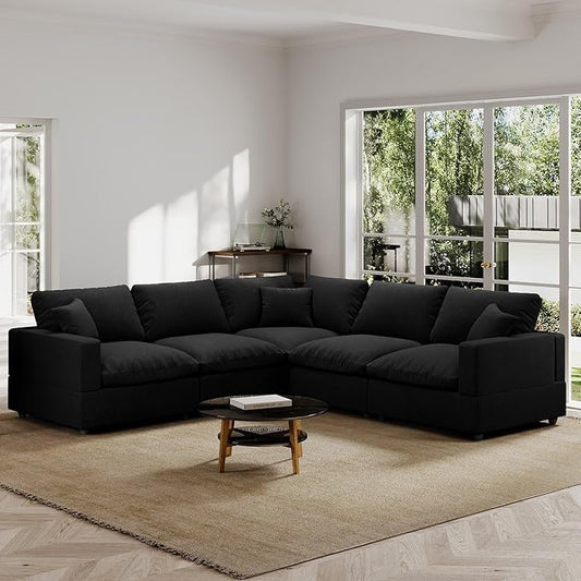Modern Sectional Linen Couch for Living Room V-Shape Sofas,5 Seat Modular Cloud Sofas,Couches Cushion Covers Removable,Cozy Feather Down Sofa for Apartment Black