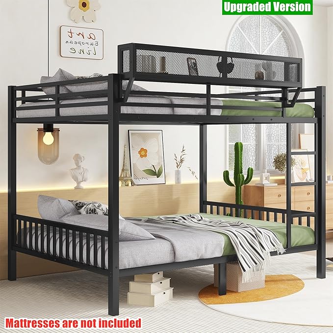 Higher Quality & Stronger Metal Queen Over Queen Bunk Bed, Thickened Heavy Duty More Stable Safer Black Steel Bunkbed Bunk Queen Bed (Easier to Assemble) (Queen Over Queen)