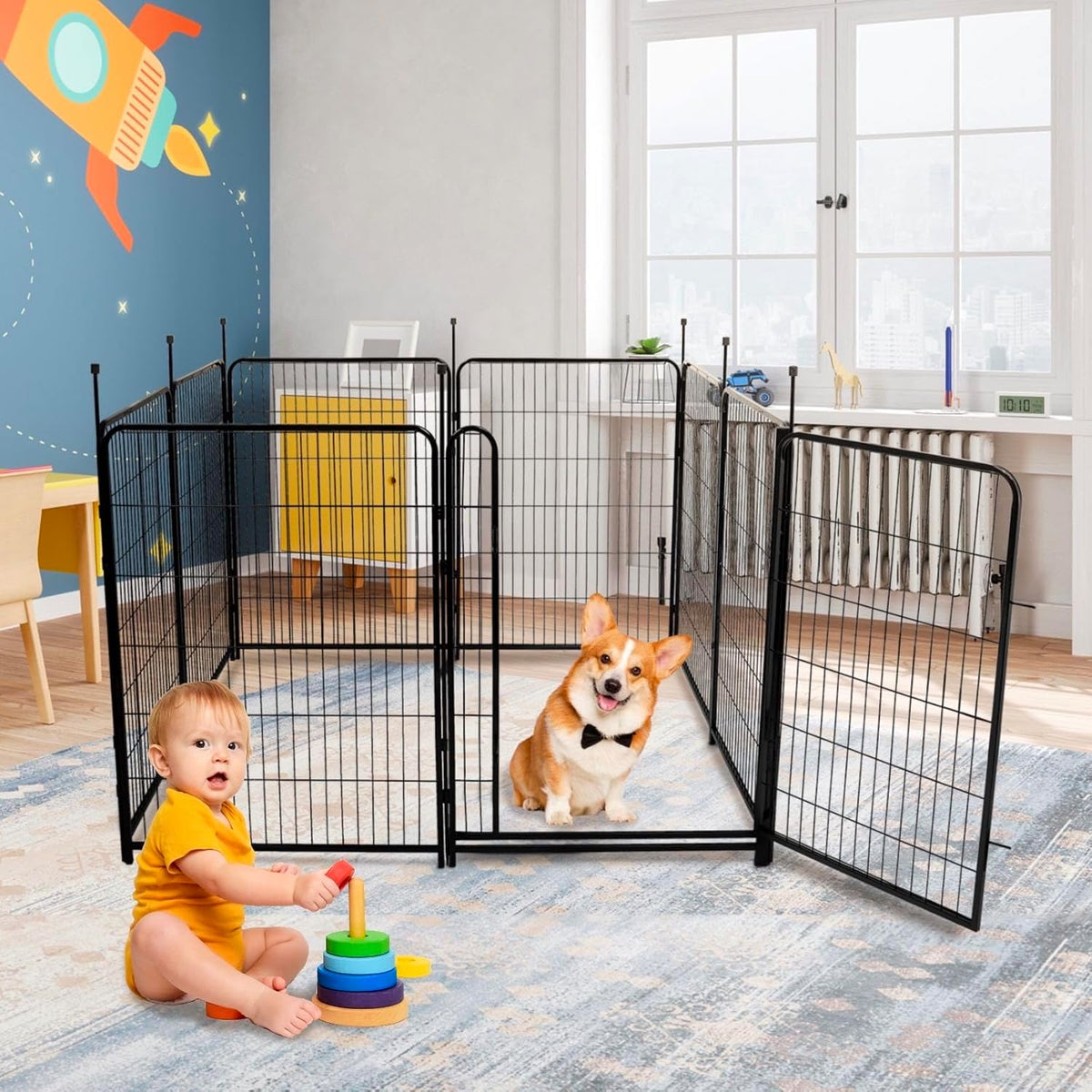 Tall Garden Fence Animal Barrier, 48 in(H) Fencing for Garden Beds, 4 Panels Total 8.9 Ft(L),Temporary Fence for Dogs Outdoor, 21 in Wide Low Threshold Gate, Garden Fence Border,Rabbit Fence