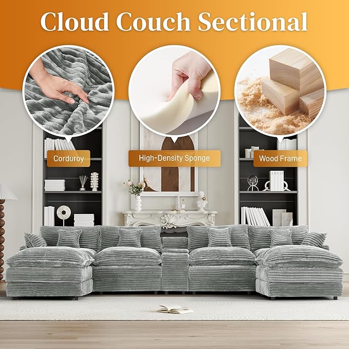 HYJT-H&K 145" U Shaped Cloud Couch Modular Light Grey Sectional Couches for Living Room, Comfy Fluffy Corduroy Oversized Cloud Sectional Couch Large 6 Seat Sectionals Sofa Set Central Console USB Port