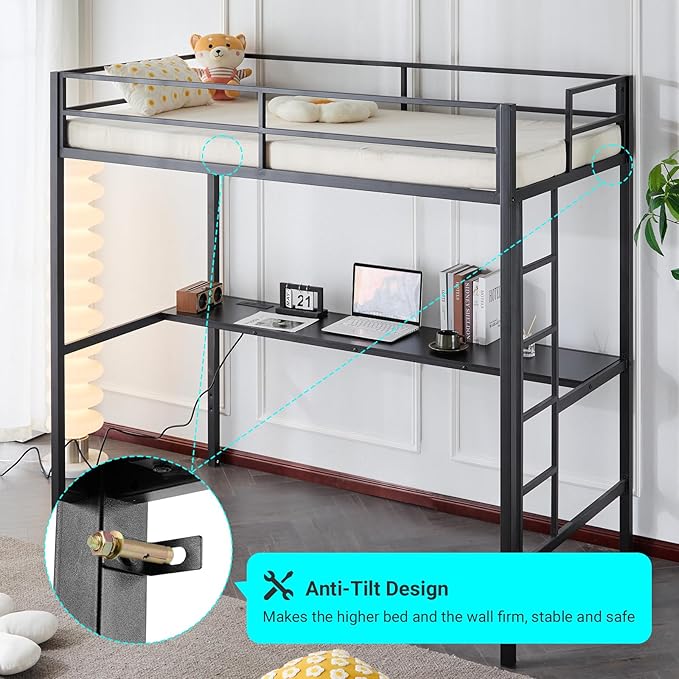 Karl home Twin Metal Loft Bed with Desk, with Power Outlet and LED Lighted, Safety Guardrail & Ladder, Space Saving, No Noise, No Box Spring Needed, Black