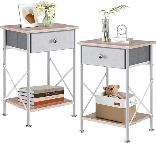 VECELO End Tables, Modern Nightstand with Fabric Drawer & Open Shelf, Night Stand for Bedroom Living Room, Industrial Metal Frame, Easy Assembly, Light Brown,2 Pack