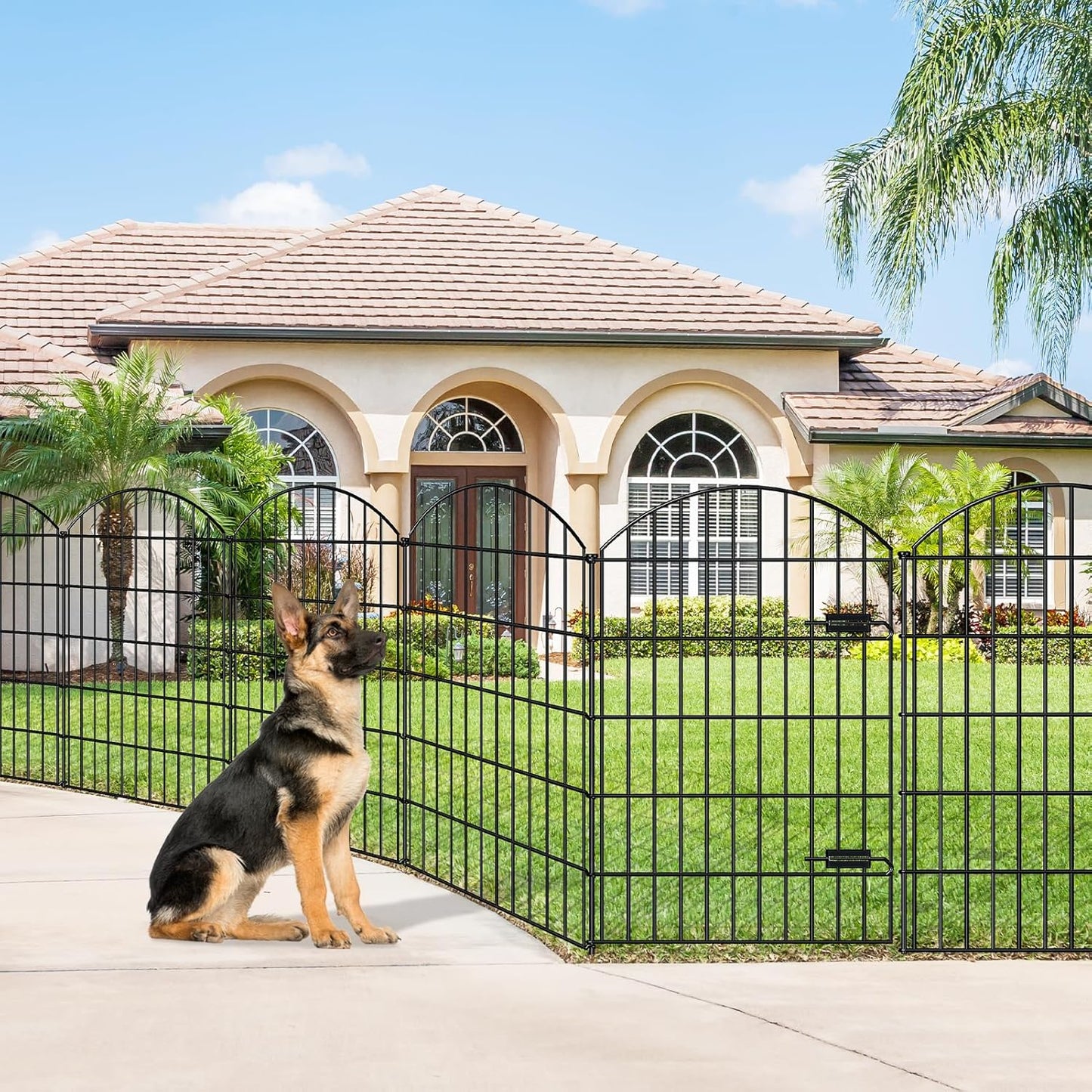 Metal Garden Fence with Gate 42in (H) x 23.3ft (L), 1 Gate+ 9 Panels Dog Fence Border Fence Animal Barrier, No Dig Garden Fencing for Yard Flower Bed Lawn Patio Outdoor, ECG4210, Black