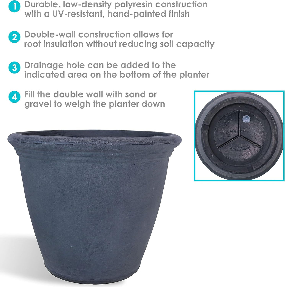 Sunnydaze 20-Inch Anjelica Large Plastic Pot for Plants - Outdoor Polyresin Round Planter with Drillable Drainage Holes - Slate - 2pk