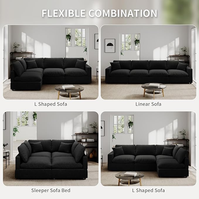 Modern Sectional Linen Couch for Living Room,4 Seat Modular Cloud Sofas,Detachable Couch Cushion Covers,Cozy Feather Down Sofa for Apartment Black