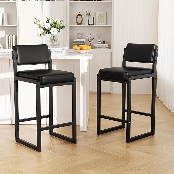 Bar Stools Set of 3, Faux Leather Counter Height Bar Stools with High Back and Metal Legs, Upholstered Bar Chairs, 26" Modern Barstools for Kitchen Island, Black