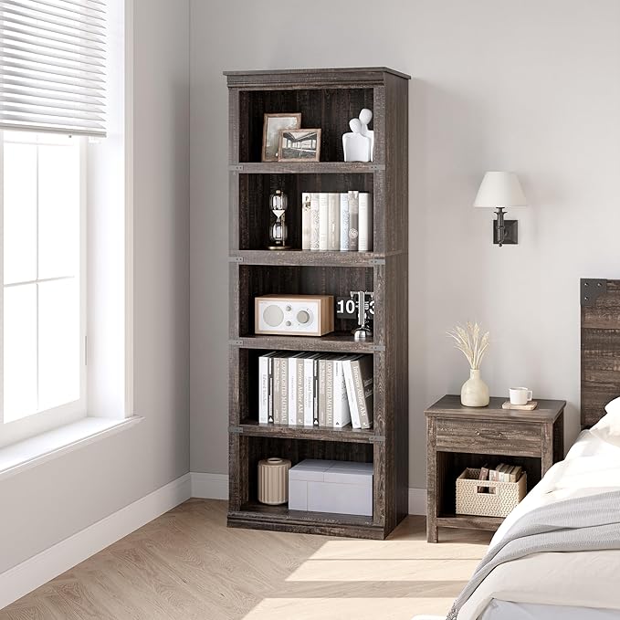 IDEALHOUSE 5 Tier Bookcase, Farmhouse Book Shelf with Storage, Tall Book Case Wooden 5 Shelf Bookcase for Home Office, Living Room, Bed Room(Oak, 67.4" H x 24.6" W x 12.8" D)