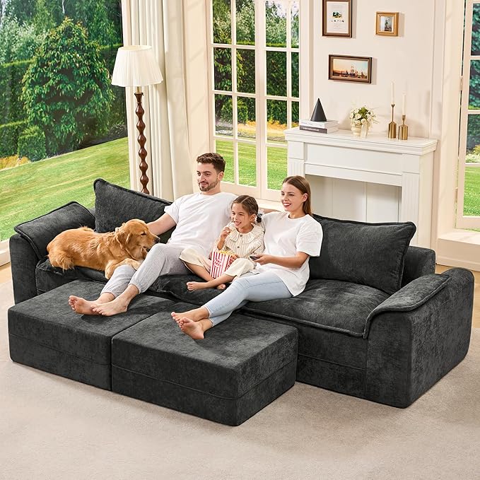 Hobestluk 120" Cloud Modular Sectional Couch 3-Seater Sofa with Ottomans U Shaped Couch Deep Seat Sofa with Removable Cover Large Sofa for Living Room (Dark Grey, 3-Seater Sofa with Two Ottomans)