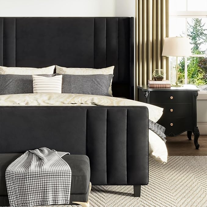 AMERLIFE King Size Bed Frame, Velvet Upholstered Platform Bed with Vertical Channel Tufted Headboard & Footboard/Wingback, Mattress Foundation with Wood Slats, No Box Spring Needed, Black