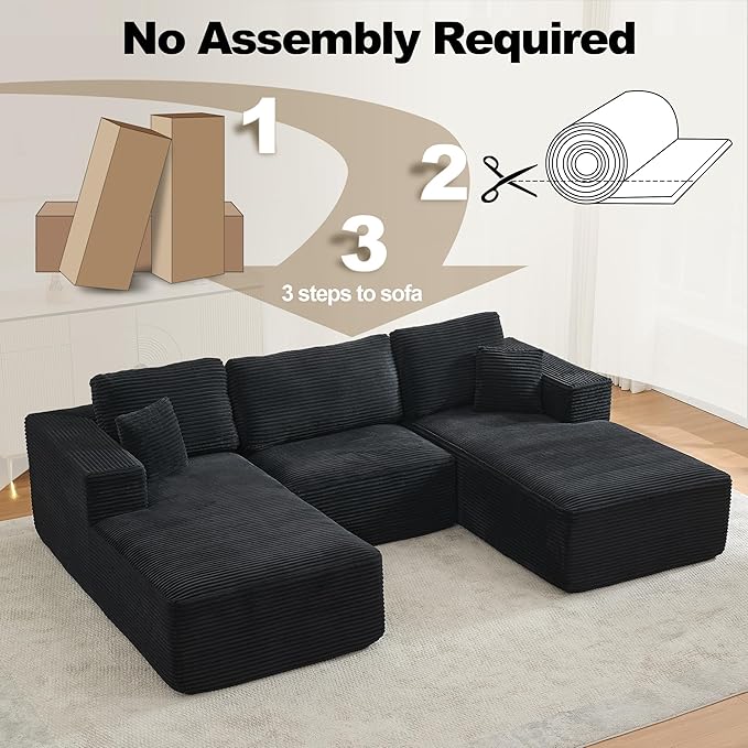 Modular Sectional Cloud Couch for Living Room,Modern Boneless Couche Set with Plush Corduroy,Comfy Floor Sofa with Memory Foam,Stupendous U Shaped Sofa,No Assembly Required,Black