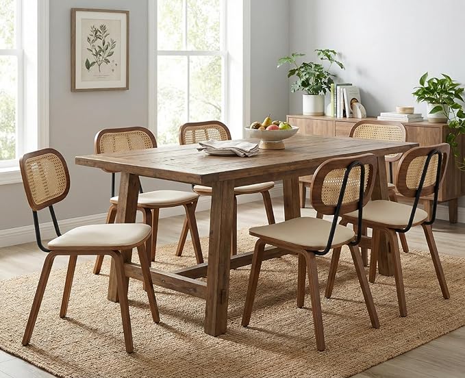 Mid-Century Dining Chairs Set of 6, PU Leather Kitchen Chairs with Rattan Backrest Wooden Legs Armless Design for Dining Room Living Room, Beige