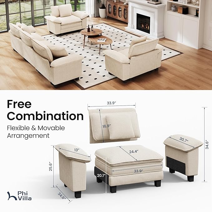 PHI VILLA Cloud Modular Couches Sets, 3 Pieces Large Sectional Sofa Set with Single Sofa, 5-Seater Upholstered Couch for Living Room, Corduroy, Beige