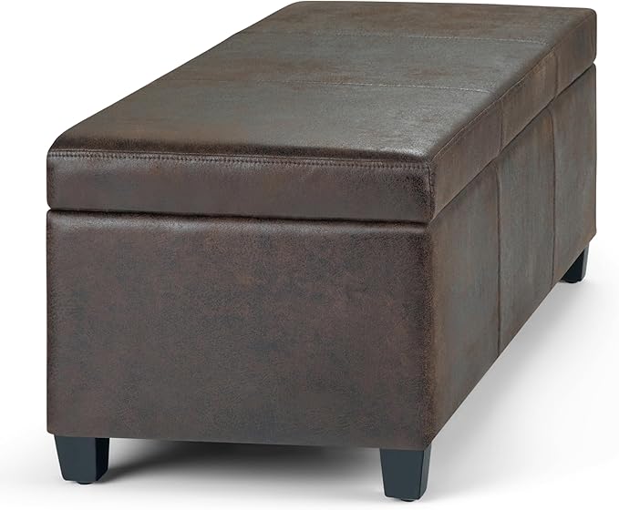 SIMPLIHOME Avalon Storage Ottoman Bench - 48 inch Wide Upholstered Vegan Leather Rectangular Lift-Top Ottoman in Distressed Brown, Contemporary Storage Bench for Living Room with High-Density Foam