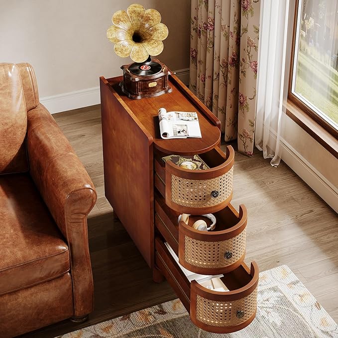 Tribesigns Solid Wood End Table, 3-Drawer Rattan Side Table, Night Stand with 3 Rattan Drawers and Exquisite Embossed Handles for Living Room, No Assembly Required (Walnut & Oak, 1PC)