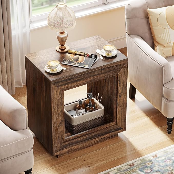 Tribesigns Rustic Wood End Table, 2 Tiered Square Side Table with Storage Shelf, Industrial Sofa Side Table for Living Room, Entrance (2, Brown)