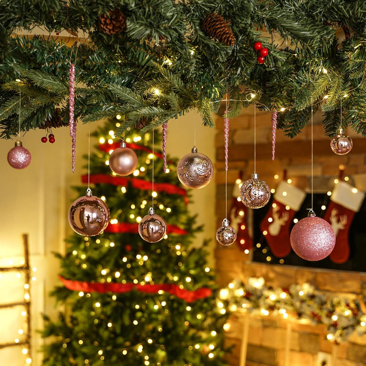 Christmas Ball Ornaments for Christmas Decorations - 41 Pieces Xmas Tree Pink Shatterproof Ball Ornaments with Hanging Loop for Holiday and Party Decoration