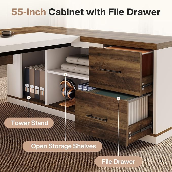 Tribesigns 78.7" L-Shaped Executive Desk, Modern Office Desk with 55.1" Storage Cabinet, Large Computer Table with Drawers and Shelves, Business Furniture Workstation for Home Office, Brown & White