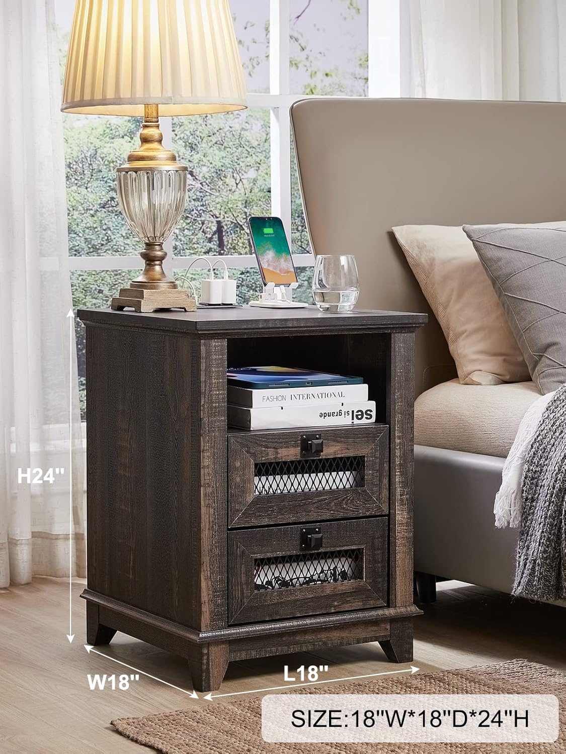 OKD Nightstand with Charging Station, 18'' Industrial & Farmhouse End Table with 2 Drawers & Open Cubby, Rustic Mesh Drawer Sofa Side Table w/Storage for Bedroom, Living Room, Office, Dark Rustic Oak