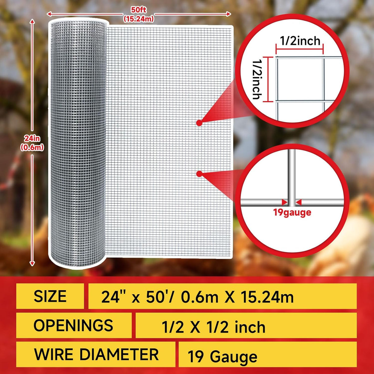 Hardware Cloth,1/2inch 24inx50ft 19 Gauge,Double-Layer Hot-Dip Galvanizing After Welding,Chicken Wire Fence Wire Mesh Fence Poultry Netting Garden Fence Tree Guard Rolls