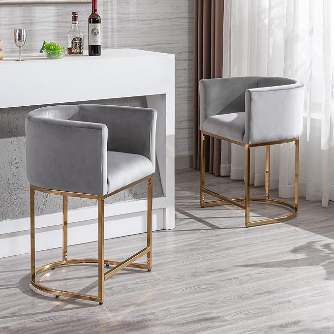 Contemporary Grey Velvet Bar Stools Set of 3, 24" Upholstered Fabric Counter Height Barstools Kitchen Counter Island Stools with Screwed Together Golden Metal Base