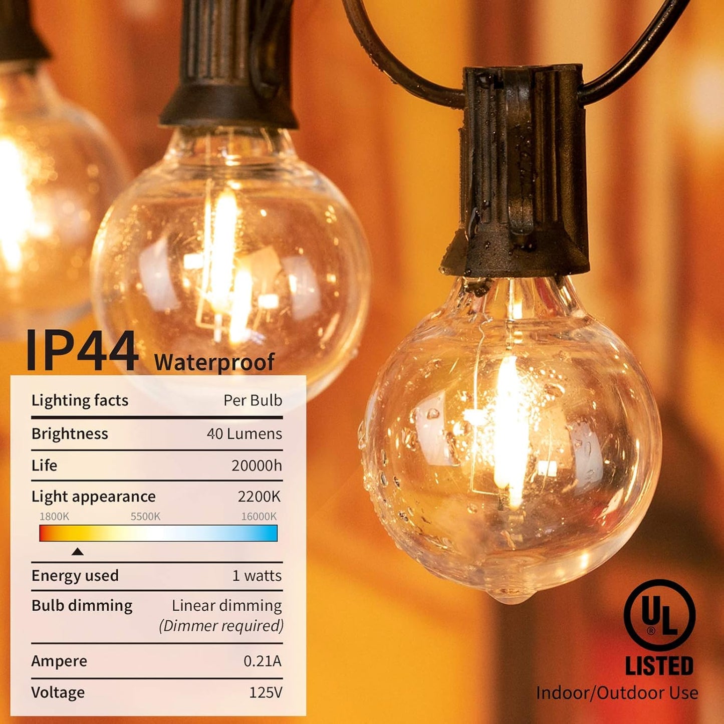 Brightown LED String Lights Outdoor 25Feet G40 Patio Lights with 25 Shatterproof Bulbs, Waterproof Globe Hanging Lights for Backyard Porch Bistro Balcony Decor, E12 Socket