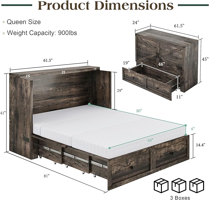 Queen Murphy Bed with 6" White Tri-Fold Memory Foam Mattress, Storage Drawer & Charging Station, Space-Saving Design for Home Office or Guest Room, Black Oak