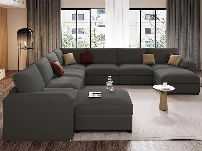 EASE MOOSE Oversized U Shaped Couch,Modular Sectional Convertible Sofa with Wide Deep,Extra Large Faux Leather Scratch Resistant Modern Couch for Big Spaces,Grey