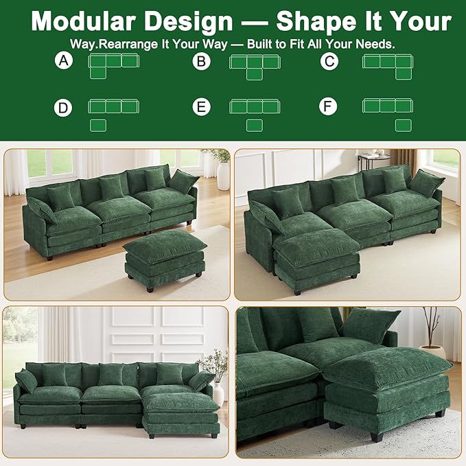 111.4" L-Shaped Cloud Chenille Sectional with Reversible Chaise, Flexible 3+1 Layout for Large Spaces, Deep Seat and Free Pillows Included