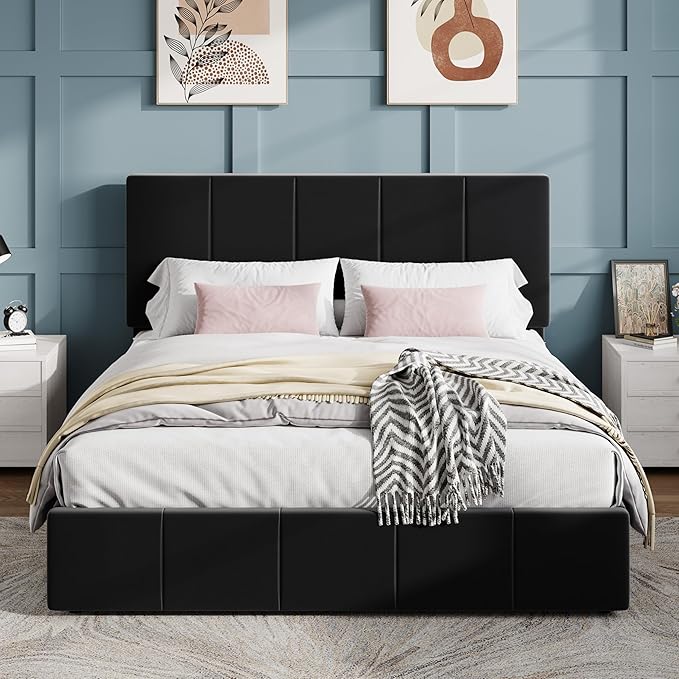 SHA CERLIN Full Size Bed Frame, Velvet Upholstered Platform Bed, Vertical Channel Tufted Adjustable Headboard, Low Profile Bed Frame, No Box Spring Needed, Easy Assembly, Black