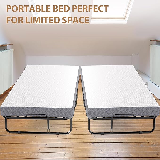 Folding Bed with Memory Foam Mattress, Portable Rollaway Guest Beds on Wheels, 75"x38" Twin Size Space-Saving Cot-Size Bed for Adults with Easy Assembly Metal Frame (White)