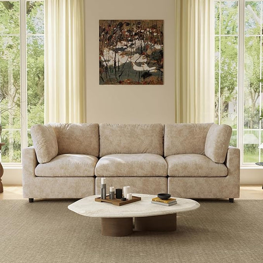 WJShome Modern Sectional Couches for Living Room,100 Inch 3-Seater Chenille Deep Seat Modular Sofa, Cloud Couch for Bedroom and Apartment，Khaki