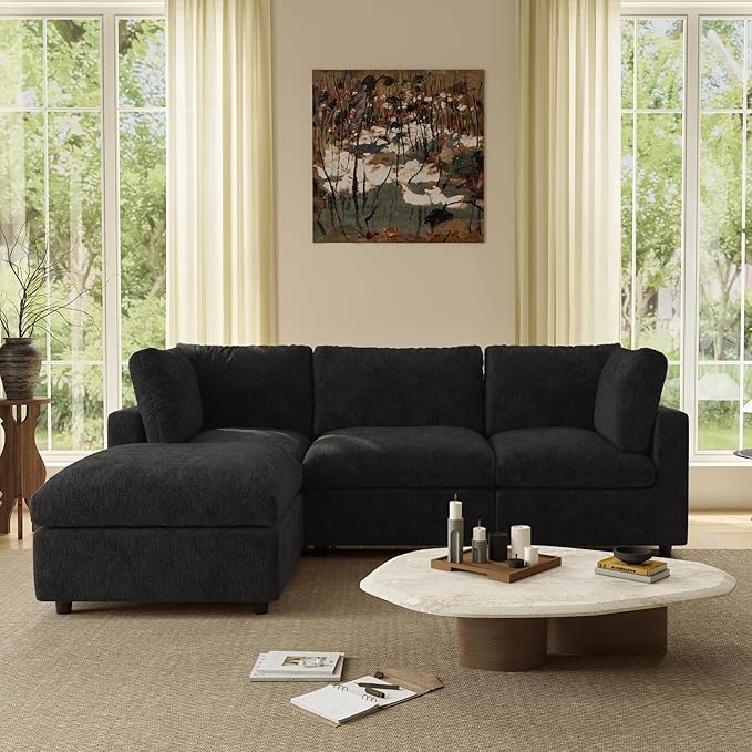 WJShome Modular Sectional Cloud Couch Modern L Shaped Sofa with Ottoman, 100 Inch 3-Seat Chenille Deep Seat Couches for Living Room, Bedroom and Apartment，Black