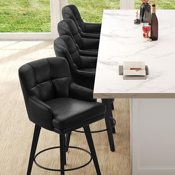 360°Swivel Counter Height Bar Stools with Back, 30 inch Solid Wood Legs, Bar Stool Modern Kitchen Island Chairs, Faux Leather (Black- Faux Leather, 30" H- Set of 4)