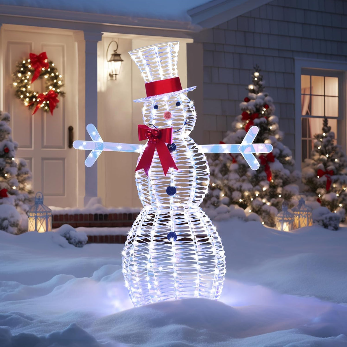 4.5FT Lighted Snowman for Christmas Decoration, 3D Pre-Lit Iridescent Snowman Xmas Decor with 100 LED Lights, Glittered Standing Holiday Display for Outdoor, Indoor