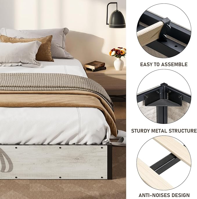 Lift Up Storage Bed Frame, Queen Size Wooden Platform Bed with Large Storage Underneath, No Box Spring Needed, Noise Free, Distressed White