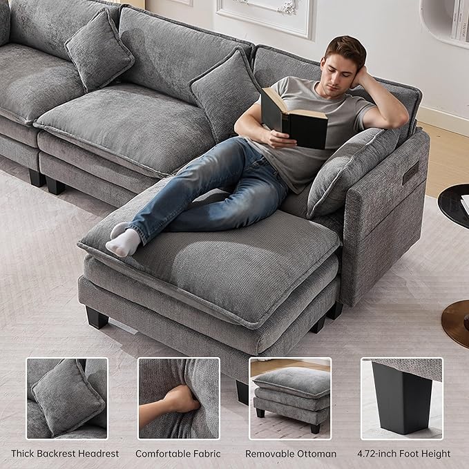 108" Modular Sectional Couches for Living Room with Ottoman, L Shaped Cloud Couch with Charger, USB & Type-c Port, Comfy 4 Seats Sofas with Deep Seat, Chenille Fabric, Darkgrey
