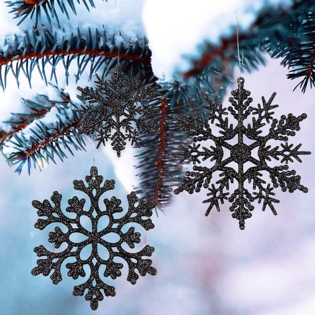 36pcs Black Christmas Snowflake Ornaments, Plastic Glitter Hanging Snow Flakes for Christmas Tree Decorations Winter Wonderland Frozen Birthday Party Holiday Home Decor Craft Snowflakes