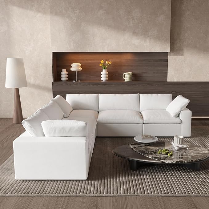 Cloud Couch Modular Sectional Sofa,160.6" Down Filled 5 Seater Convertible Sectional Sofas,V Shaped Couch for Living Room,Covers Washable&Replaceable,White