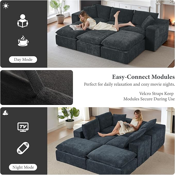 108" Sectional Couches for Living Room Boneless Couch Upholstered Cloud Couch Sectional Modular Sectional Sofa with L Shaped (Chenille-Blue, 4 Seat+2 Ottoman)