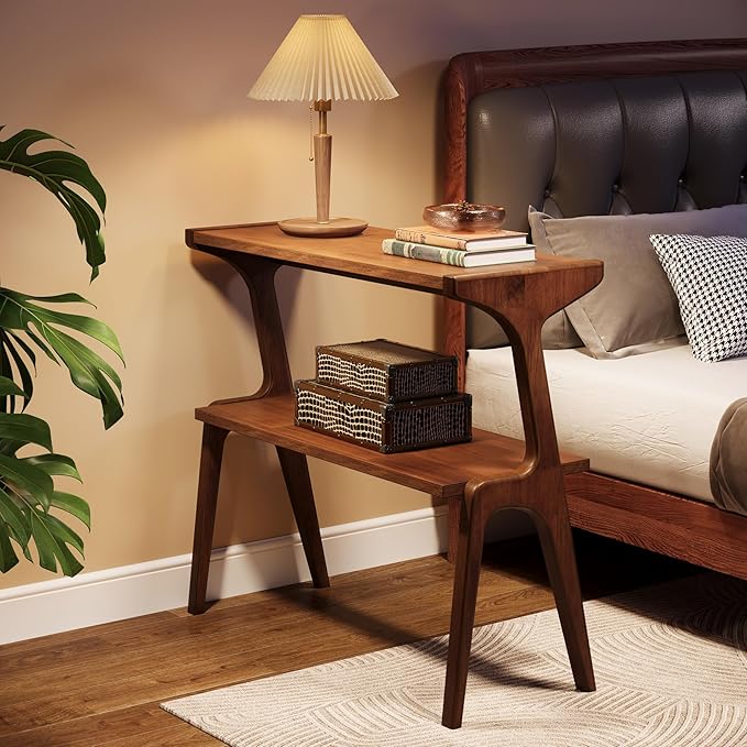 Tribesigns Solid Wood Side Table, 2-Tier Farmhouse Couch Side Table, Rustic Slim Tall Sofa End Table with Storage Shelf for Living Room, Skinny Bedside Table, Nightstand for Bedroom, Rustic Brown