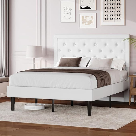 Allewie Queen Size Velvet Upholstered Bed Frame with Adjustable Headboard, Diamond Tufted Design, Wood Slat Support, Noise-Free EVA Strip, Easy Assembly, White