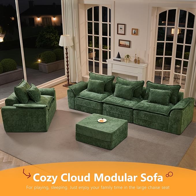 Hobestluk 120" Cloud Modular Sectional Couch 3-Seater Sofa with Ottomans U Shaped Couch Deep Seat Sofa with Removable Cover Large Sofa for Living Room (Green, 3-Seater Sofa with Two Ottomans)