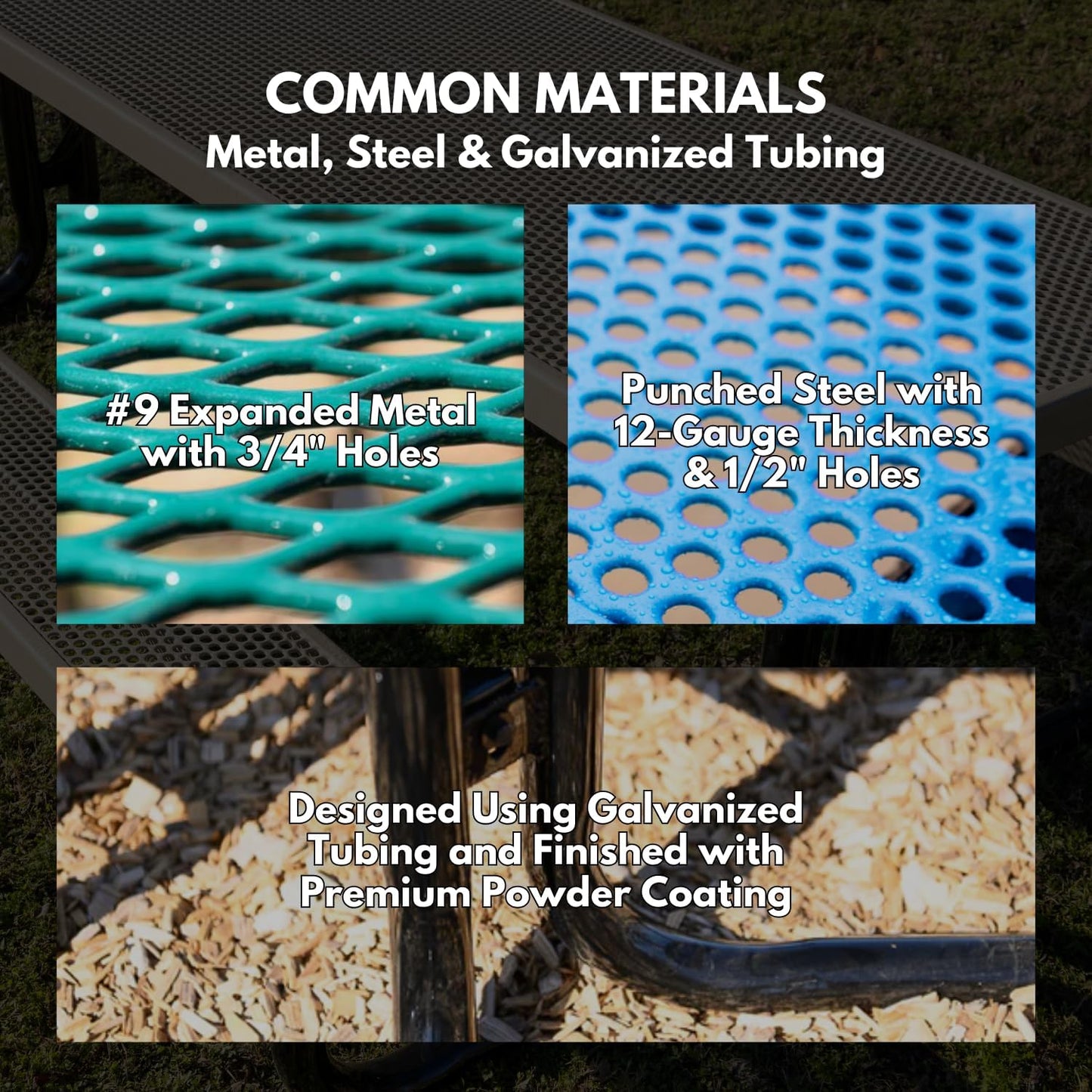 Heavy-Duty Portable Outdoor Picnic Table with Umbrella Hole, Expanded Metal Commercial-Grade Patio Dining Furniture Made in America (46" Round Top, Black)