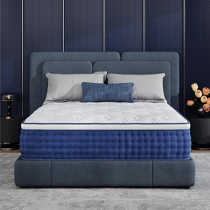Full Size Mattress, 14 Inch Full Hybrid Mattress in a Box, Medium Feel Foam and Individual Pocket Springs, Extra Edge Support, Pressure Relief, CertiPUR-US, Blue