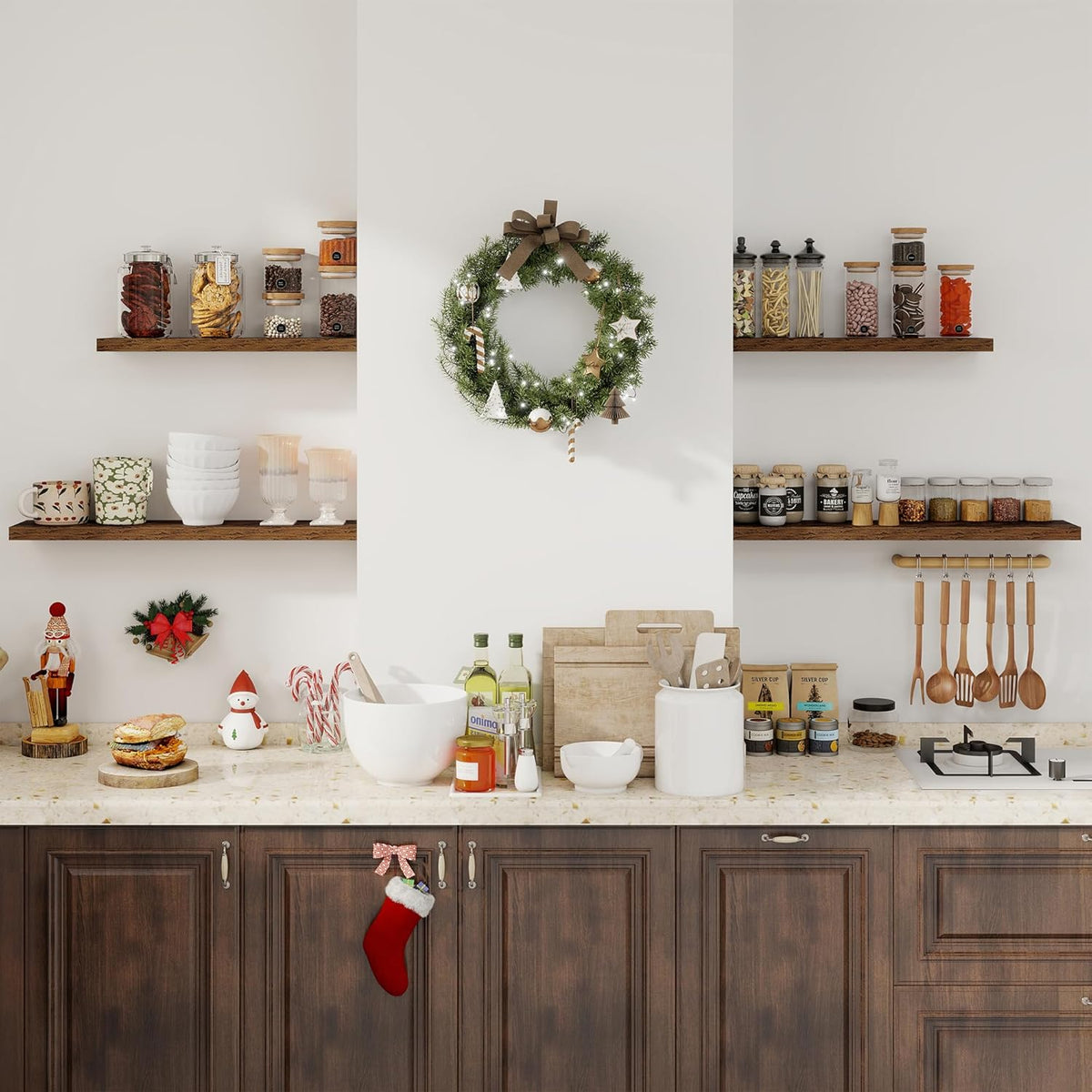 32Inch Floating Shelves for Wall 2 Pack Wood Shelves for Kitchen, Bathroom, Bedroom Wall Mounted Rustic Wood Floating Shelf with Invisible Brackets for Books, Storage, Decor, Rustic Brown