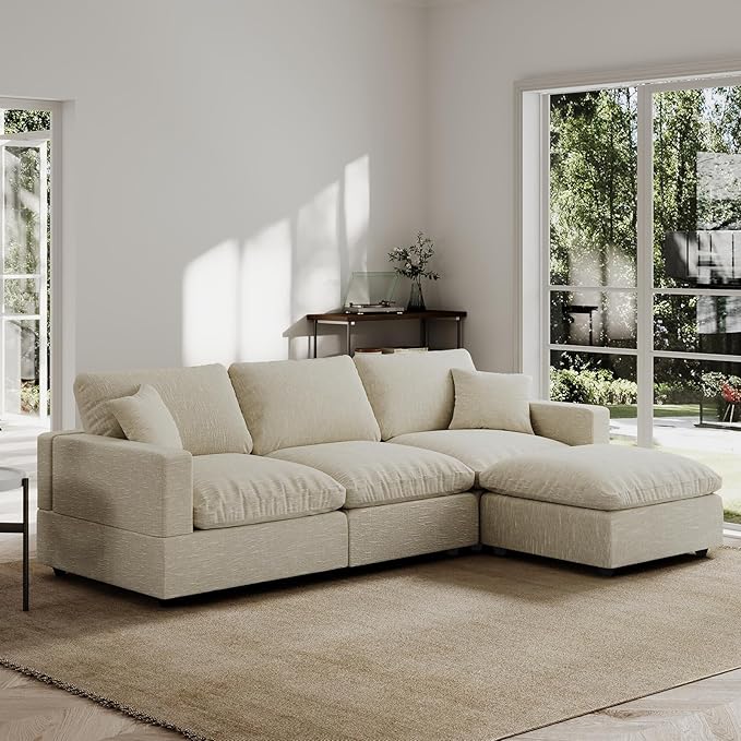 Modular Cloud Sectional Couches for Living Room,L Shaped Filled-Down Sofas,95.4" Detachable Couch Cushion Covers,Cozy Sofa for Apartment Beige