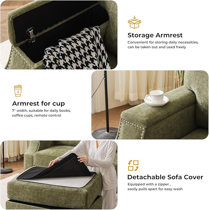 85" Sectional Couches with Storage Ottoman,L Shaped Couch with Armrest Organizer,3-Seater Sofa,Thick Cushions,Small Sofas for Living Room,Bedroom,Apartment,Chenille,Green