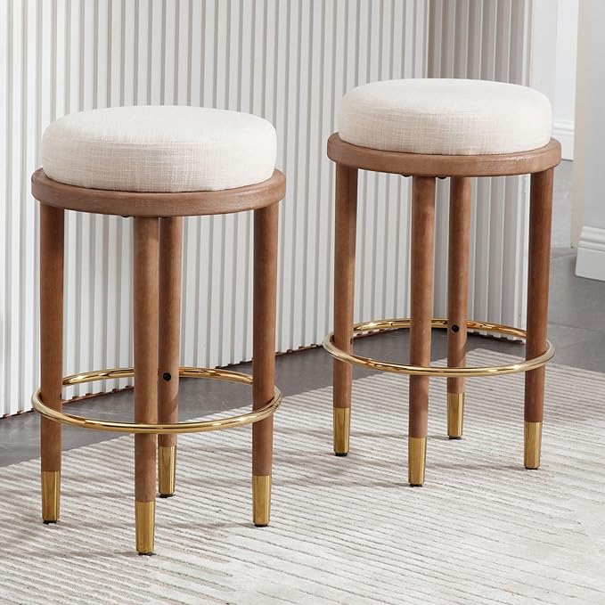 26’’ Rustic Backless Bar Stools with Metal Gold Footrest Counter Height Barstools Set of 6 Modern Round Farmhouse Beige Linen Upholstered Wooden Stools with Natural Solid Wood Legs for Kitchen Island